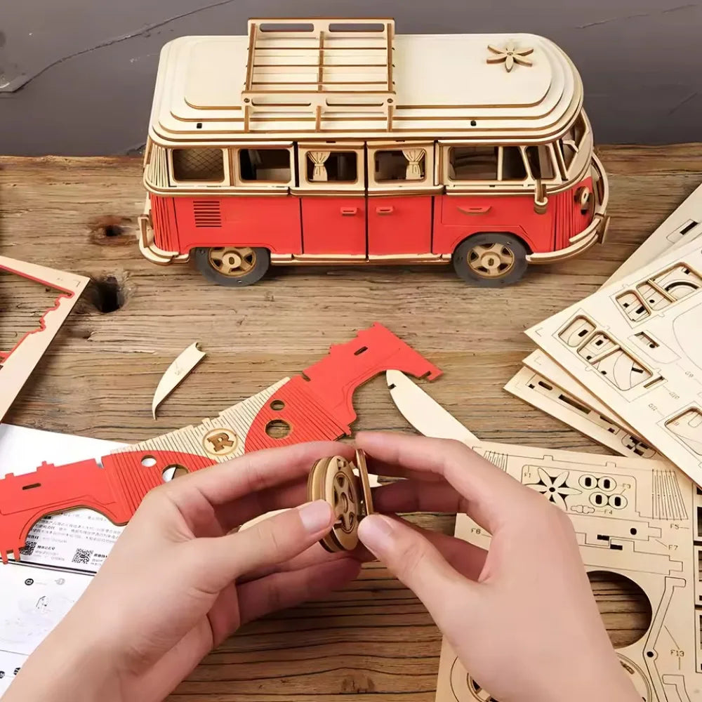 3D Wooden Car Retro Bus Europeanstyle Campervan DIY Manual Assembly Puzzle Camper Van Educational Toy for Children Christma Gift