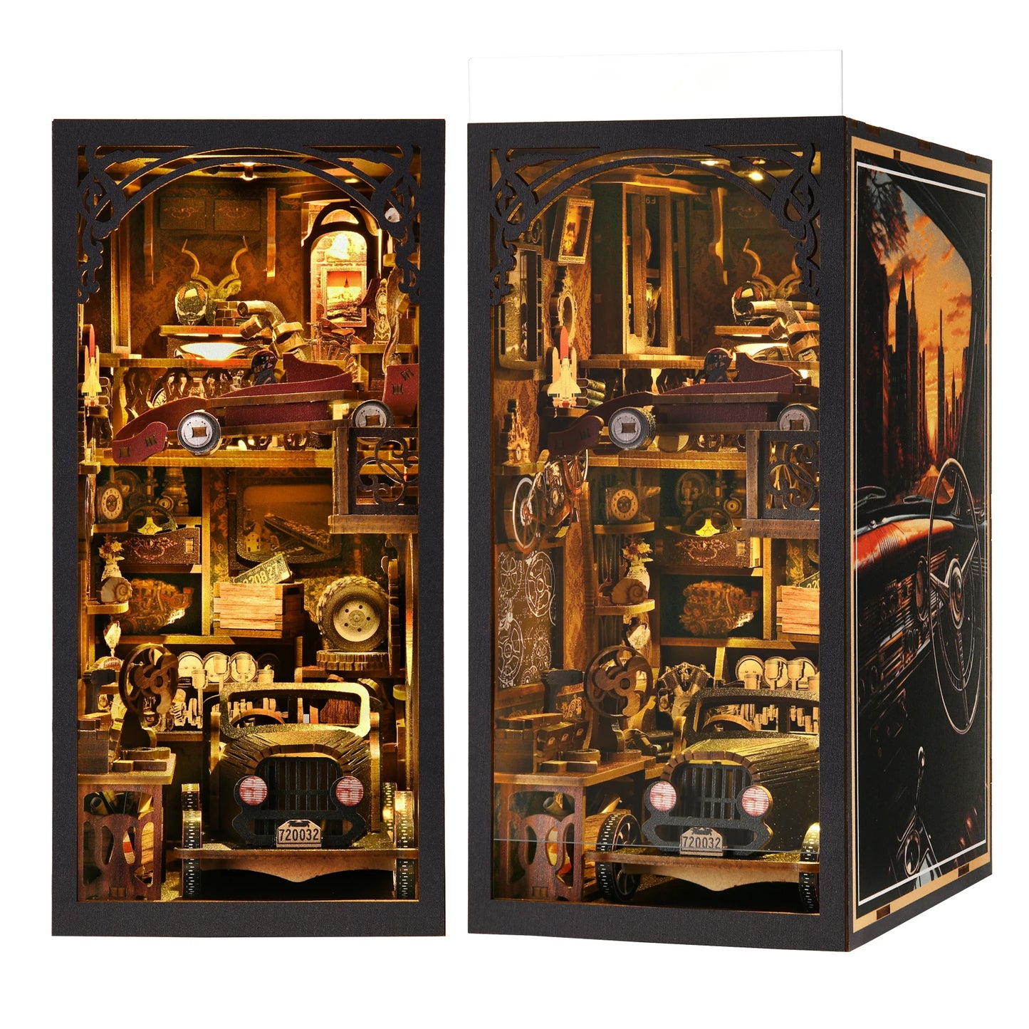 Model Car Vintage Classic Car Wooden Creative DIY 3D Puzzle Book Nook Kit Science Experiment Education Children's Toys Bookshelf