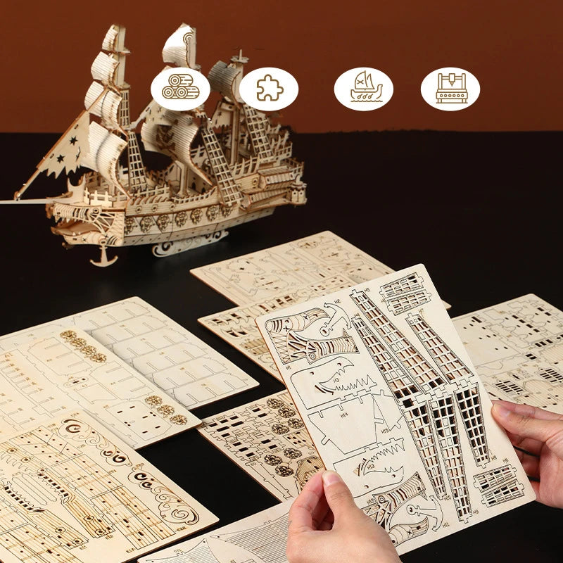 3D Puzzle DIY Wooden The Flying Dutchman Pirate Ship Assembled Miniature Model Kits Jigsaw Puzzles for Friends Birthday Gifts