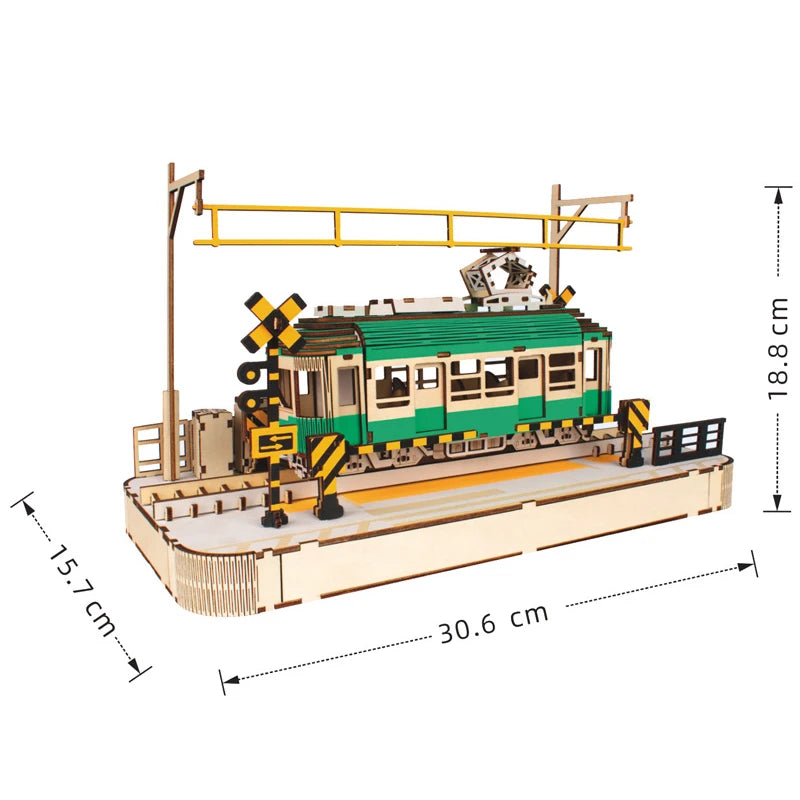 3D Wooden Puzzle Streetcar Sakura Journey Tram Station Retro Car Bus Model DIY Assembly Toys For Children Kids Desk Decoration