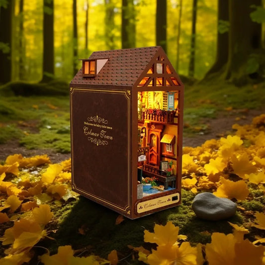 Wood Bookends Building Model Puzzle Toy Bookshelf with LED Light 3D Puzzle Assembly Bookend Creative Gifts Dollhouse Home Decor