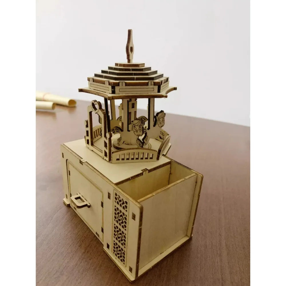 3D Wooden Puzzle WindUp Carousel Music Box MultiFunction Pen Holder Kids Craft Gift Safe Material