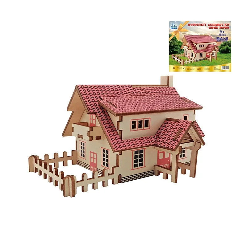 3D Wooden Puzzle Jigsaw House Villa Architectural Models DIY Assembled Combination Kids Handmade Craft Puzzle Decoration
