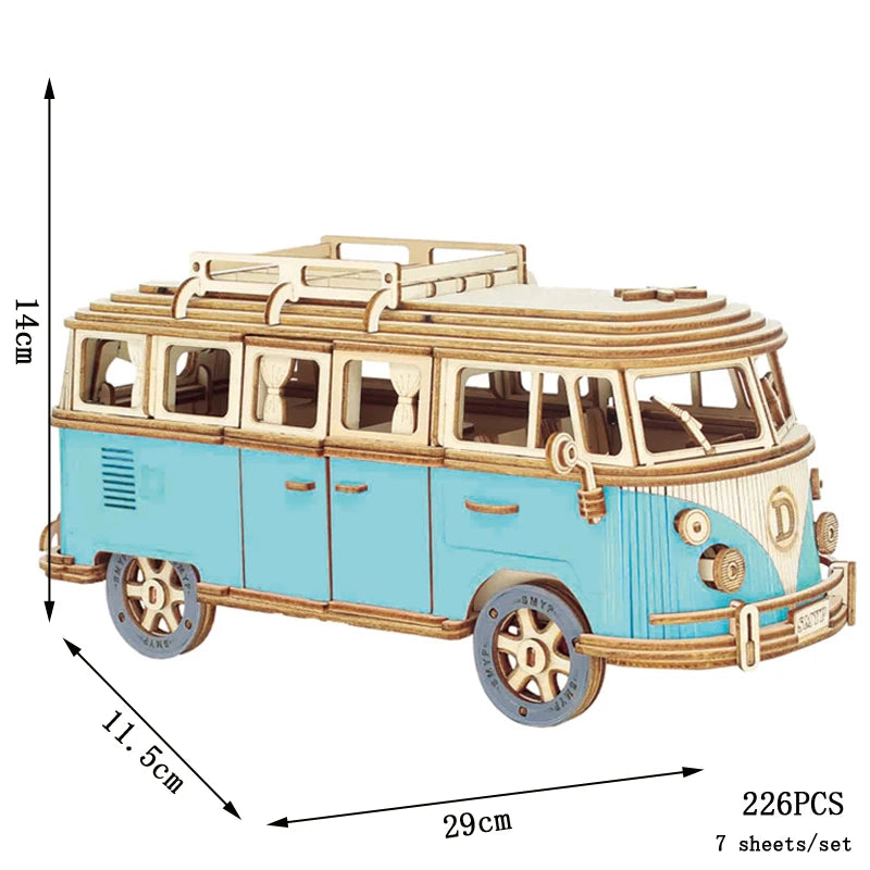 3D Wooden Car Puzzle Retro Bus European Style Campervan DIY Assembly Model Kit Educational Toy for Children Kids Home Decoration