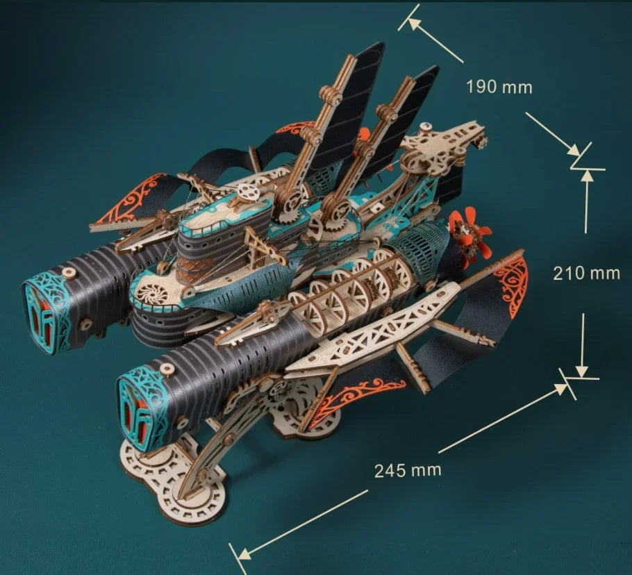 Steampunk Fantasy Airship 3D Wooden Puzzle Model Building Kits Submarine Handicraft Masterpiece DIY Assembly Toy