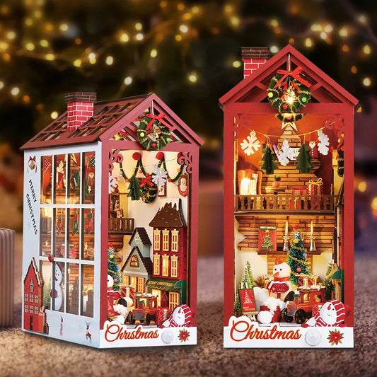 Creative 3D Christmas Book Stand Assembled Building Kits Model with Lights Wooden Puzzles Desktop Decoration Toys Gifts for Kids