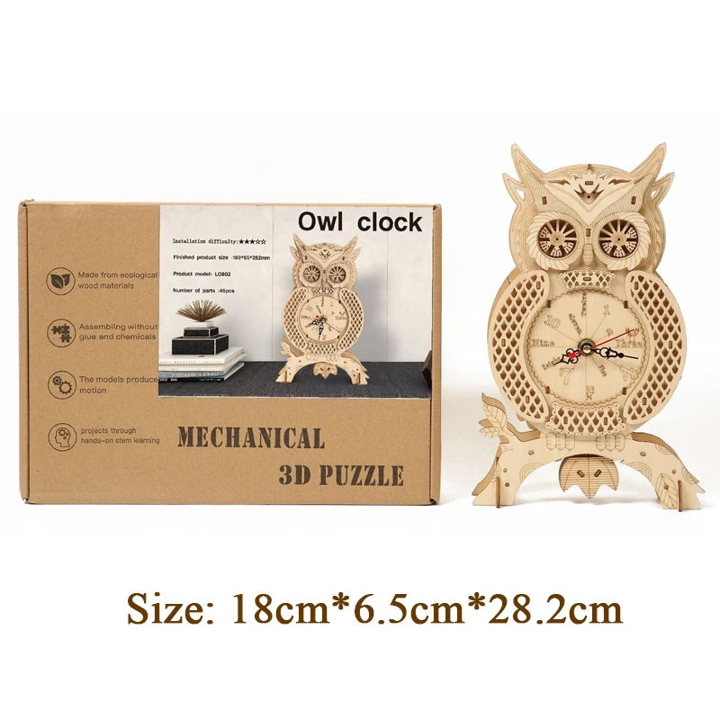 Owl Clock 3D Wooden Puzzle Mechanical Gear Retro Wall Clocks Model Building Kits Home Decoration Kids Adults Birthday Gifts