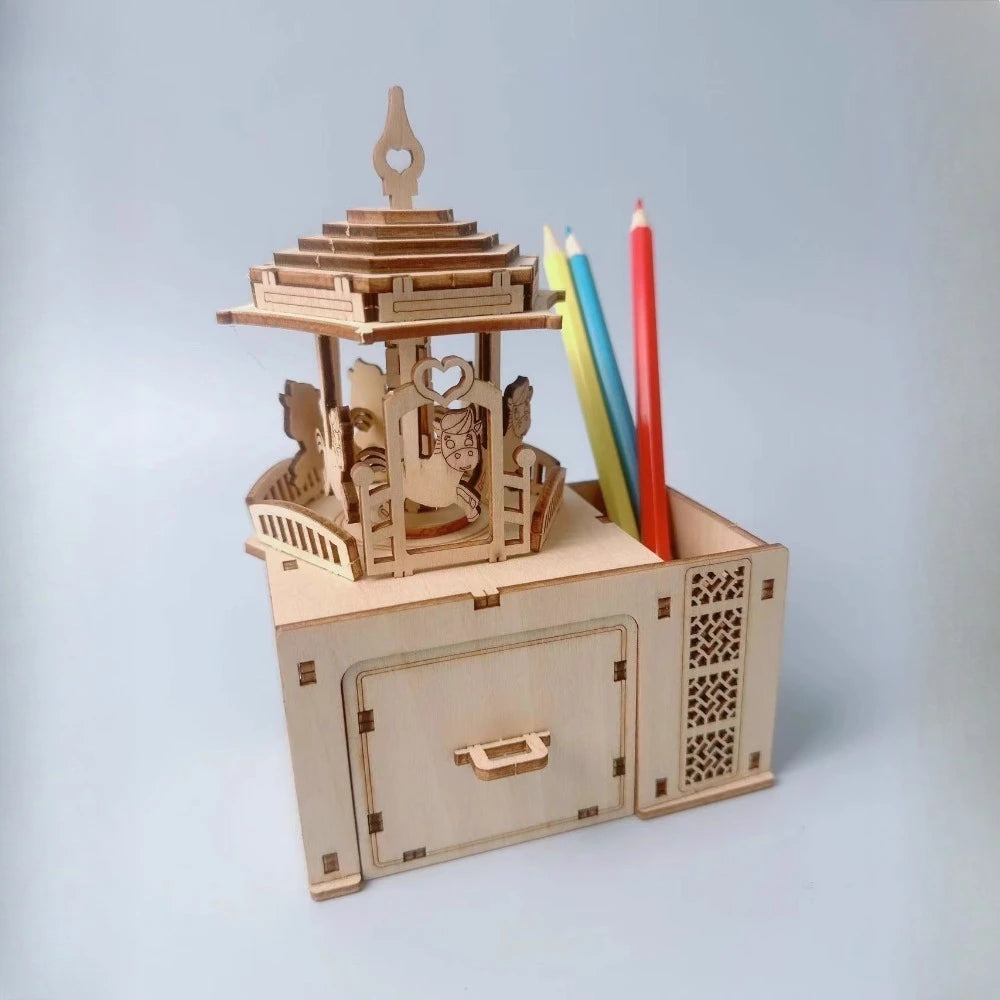 Kids Wooden Music Box Puzzle Carousel WindUp Design 3D Pen Holder ParentChild Craft Birthday Gift