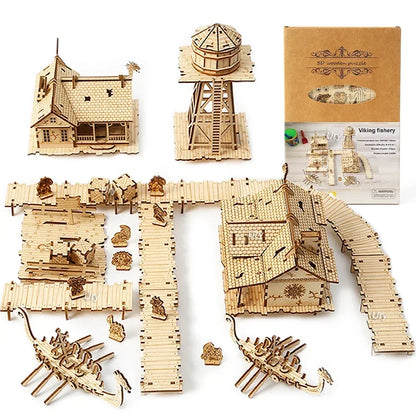 3D Wooden Puzzle WW2 War City Postwar Handmade Mechanical Assembly House Model DIY Kits Toys Desk Decoration Gifts For Kids
