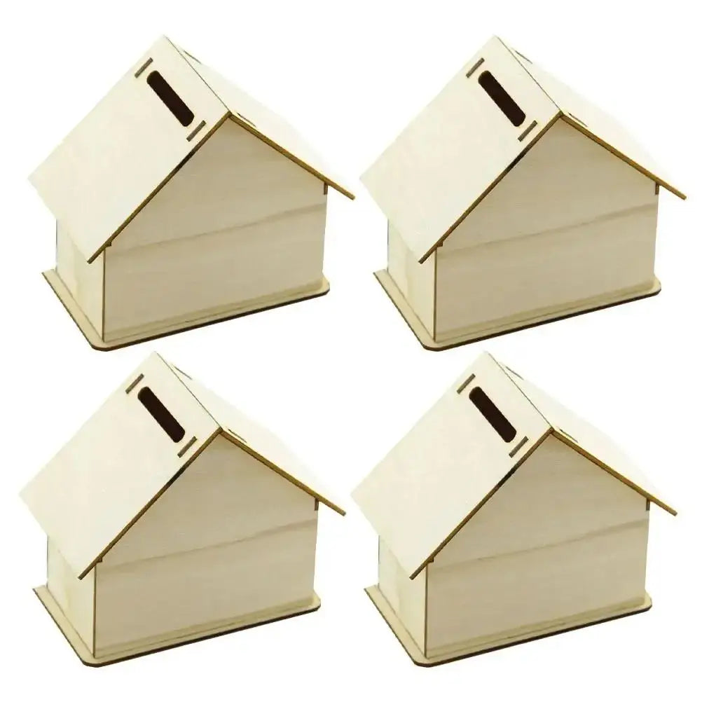 Wooden House Storage Box DIY Painting Blank Wood Holder Money Candy Container Desktop Home Box  Wood Color