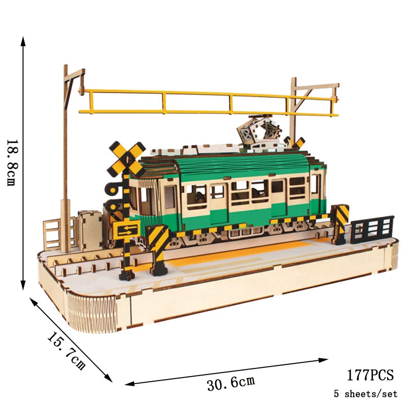 3D Wooden Puzzle Streetcar Sakura Journey Tram Station Retro Car Bus Model DIY Assembly Toys For Children Kids Desk Decoration