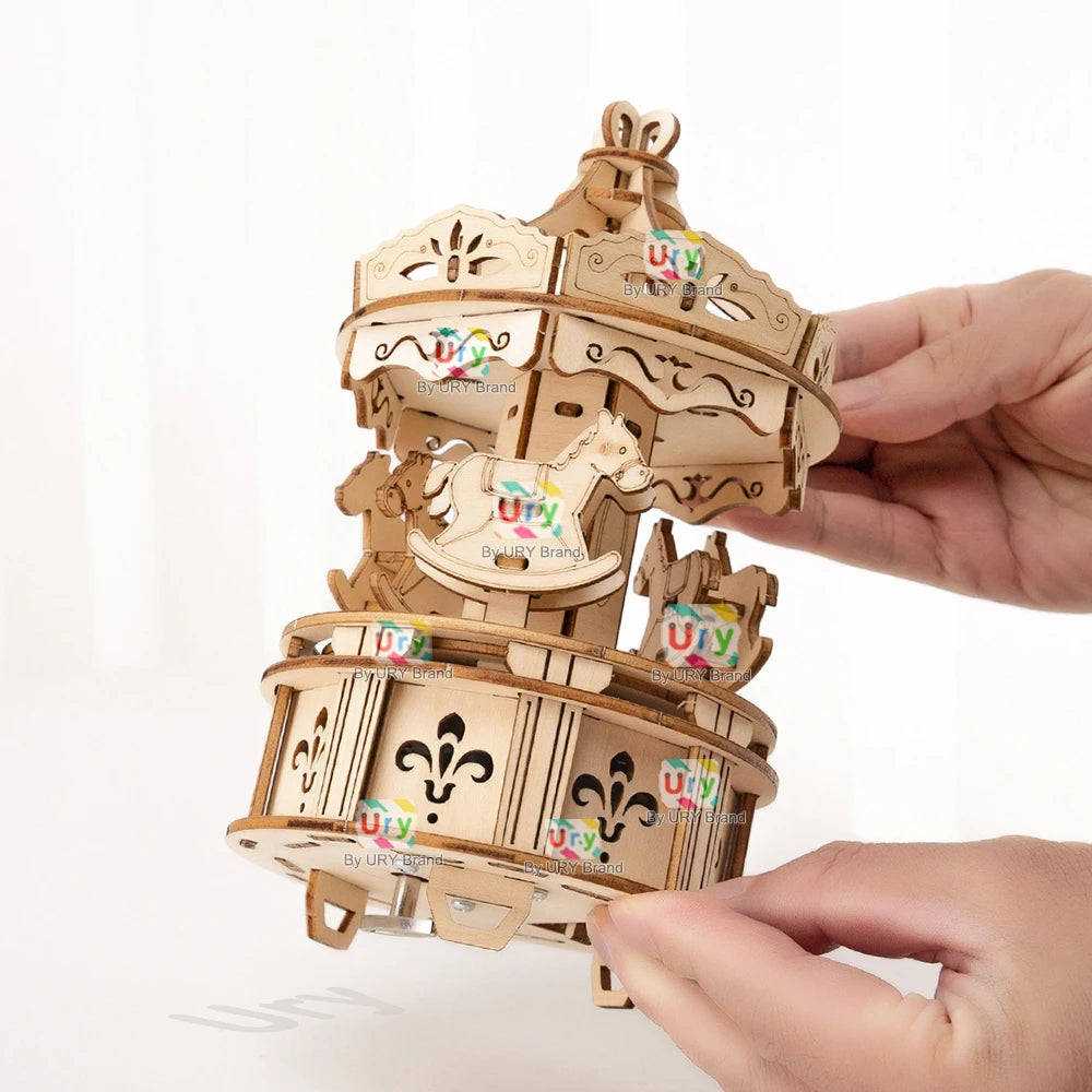 Rotatable DIY 3D Puzzles Carousel merry-go-round Music Octave Box Wooden Model Mechanical Kits Assembly Decor Toys Gift for Kids