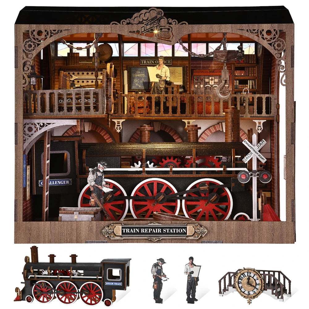 Book Nook Kit Tram Station Retro 3D DIY Wooden Puzzle Handmade Bookshelf Dollhouse Model Bookend Building Home Decoration