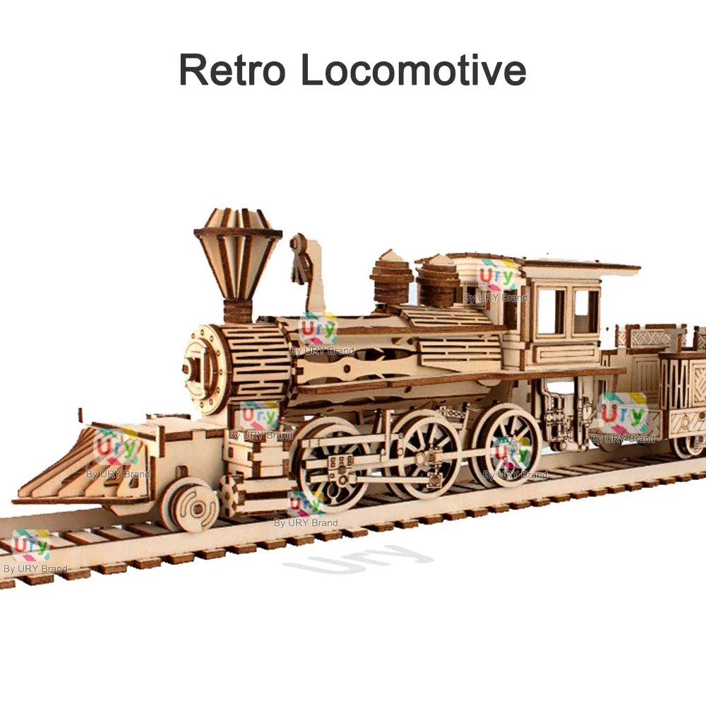 Ury 3D Wooden Puzzle Retro Steam Train with Track Railway Bridge Handmade Assembly Truck Model DIY Toys Decoration Gift for Kids