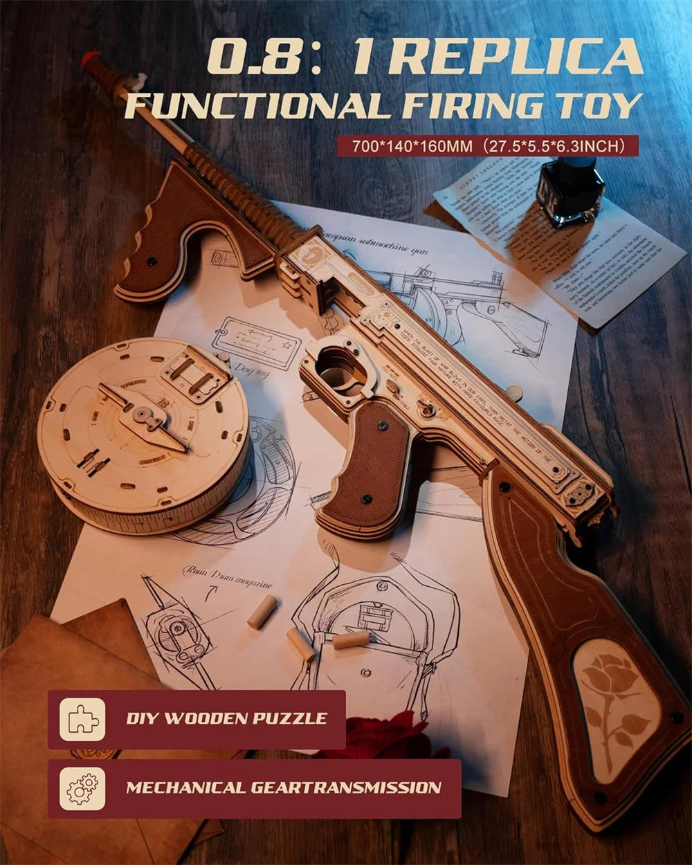 Robotime 3D Wooden Puzzle Thompson Submachine Toy Model Building Kits with Rubber Band for Adults