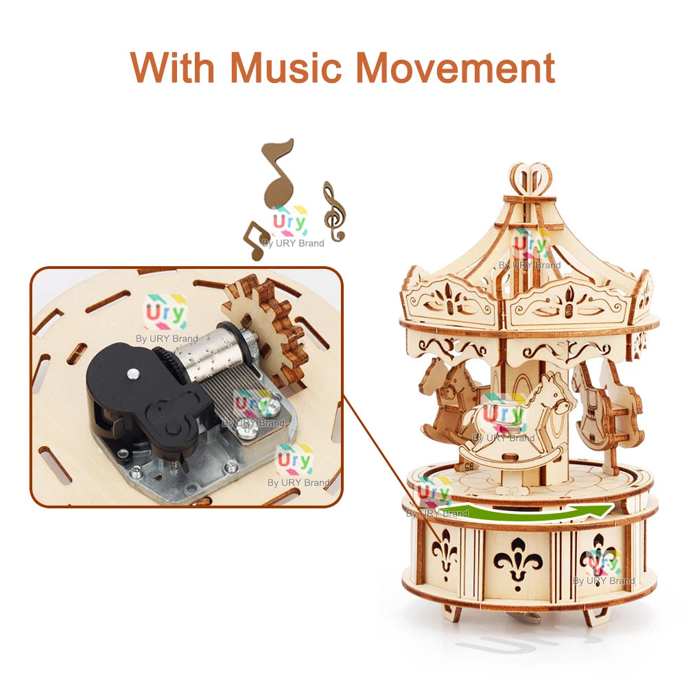 Rotatable DIY 3D Puzzles Carousel merry-go-round Music Octave Box Wooden Model Mechanical Kits Assembly Decor Toys Gift for Kids