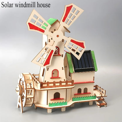 Solar windmill houses, children's DIY handcrafted assembly models, 3D wooden jigsaw puzzles, educational science experiments