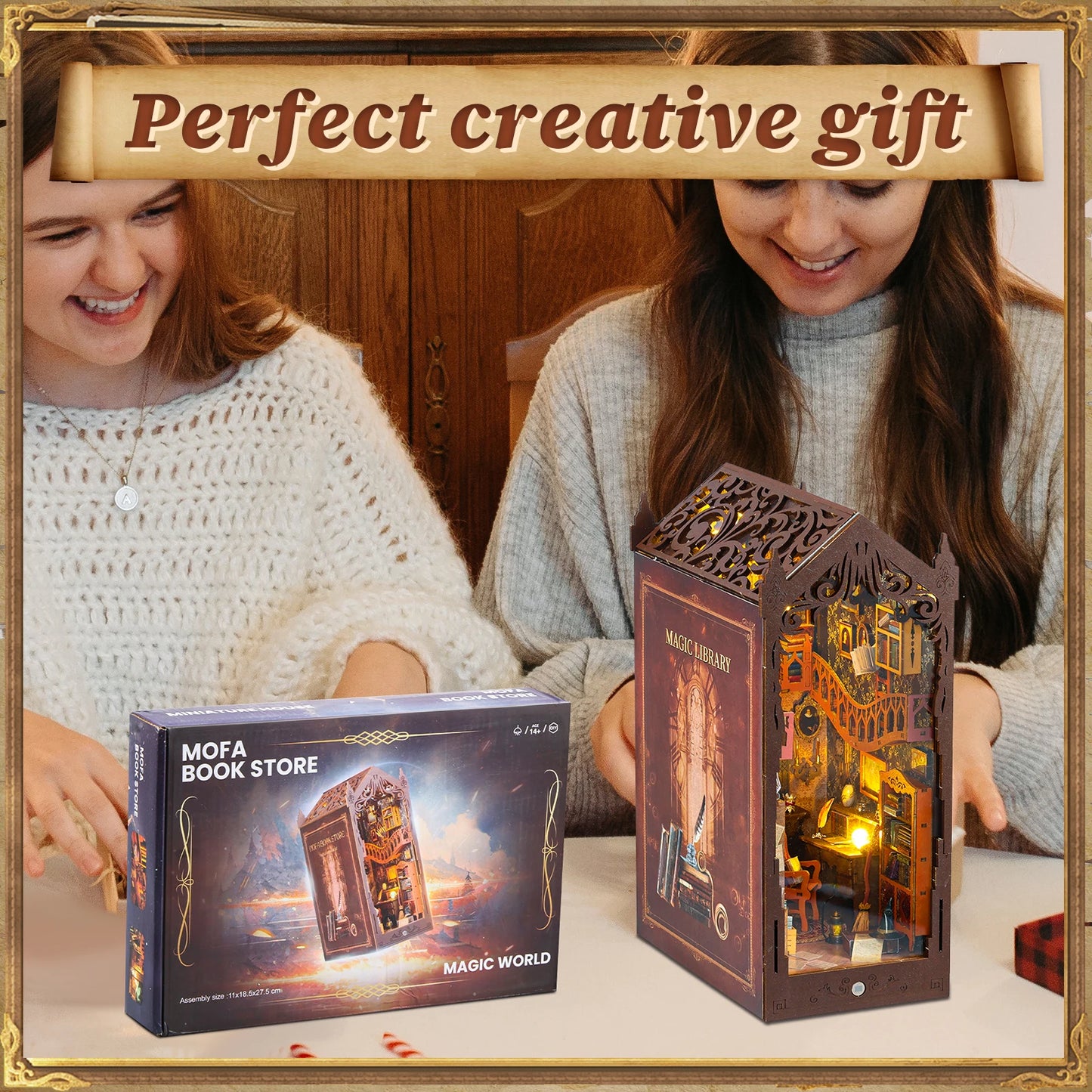 DIY Book Nook Kit 3D Wooden Puzzle Bookshelf Insert Decor with Light DIY Miniature Dollhouse Model Kit Magic Library Educational