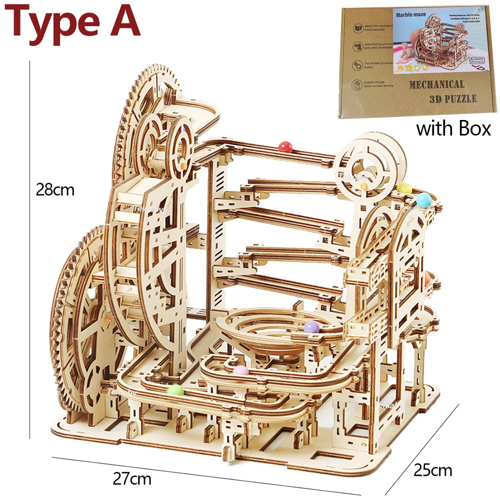 3d Wooden Puzzle Marble Runs Mechanical Puzzles Self Assembly Toy STEAM Educational Toys Model Building Kits for Kids Adult Gift