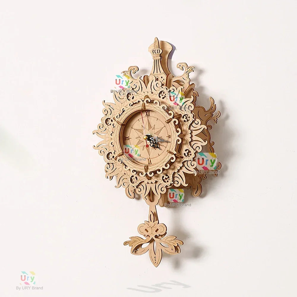 URY 3D Wooden Puzzle Retro Wall Clock Mechanical Model Building Luxurious Style Pendulum Assembly Home Decoration for Kids Gifts