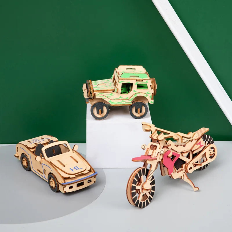 3D Wooden Cars Motorcycle Puzzle Assembly Model DIY Handmade Jigsaw Desktop Decorations for Kids Gift