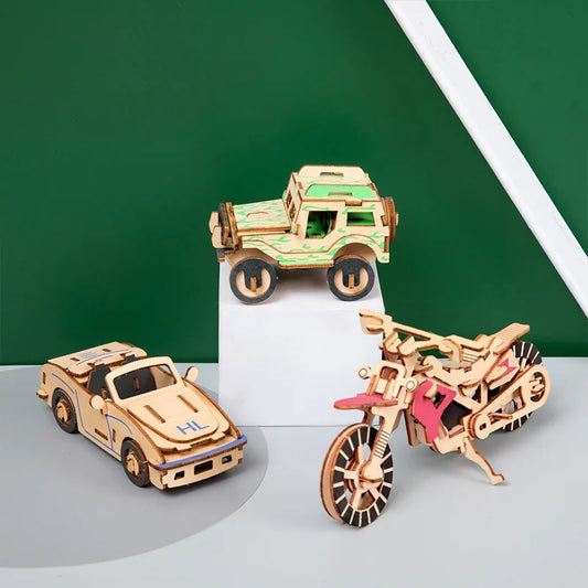 3D Wooden Cars Motorcycle Puzzle Assembly Model DIY Handmade Jigsaw Desktop Decorations for Kids Gift