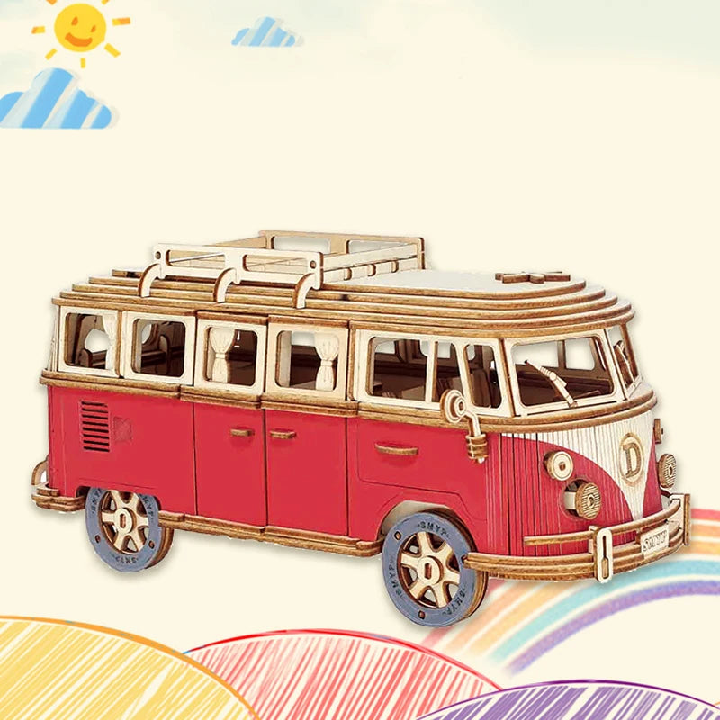 3D Wooden Car Puzzle Retro Bus European Style Campervan DIY Assembly Model Kit Educational Toy for Children Kids Home Decoration