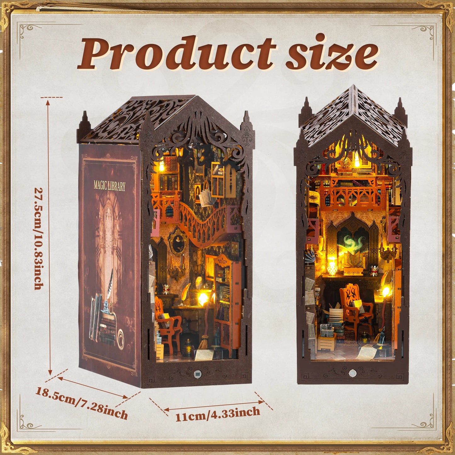 DIY Book Nook Kit 3D Wooden Puzzle Bookshelf Insert Decor with Light DIY Miniature Dollhouse Model Kit Magic Library Educational