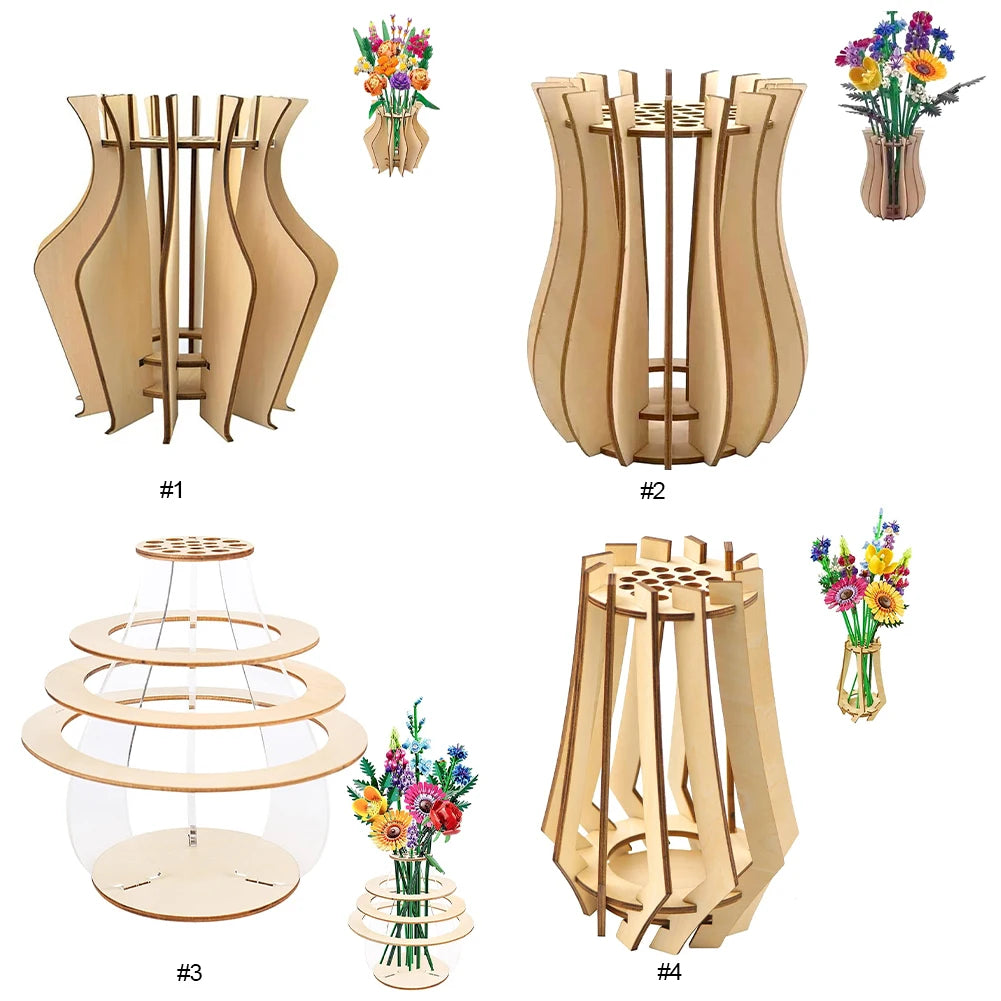 Bouquet Vase 3D Wooden Building Blocks Model Wood Stereo Stitch Puzzle Models Kit Gifts for Women Men