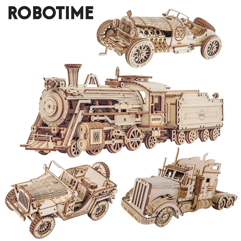Robotime Rokr Movable 3D Puzzle Steam Train Car Jeep Wooden Model Building Block Kit Educational Assembly Toy for Children Adult