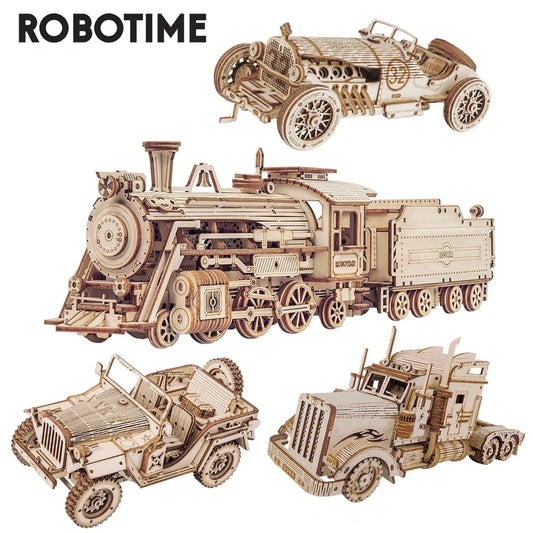 Robotime Rokr Movable 3D Puzzle Steam Train Car Jeep Wooden Model Building Block Kit Educational Assembly Toy for Children Adult