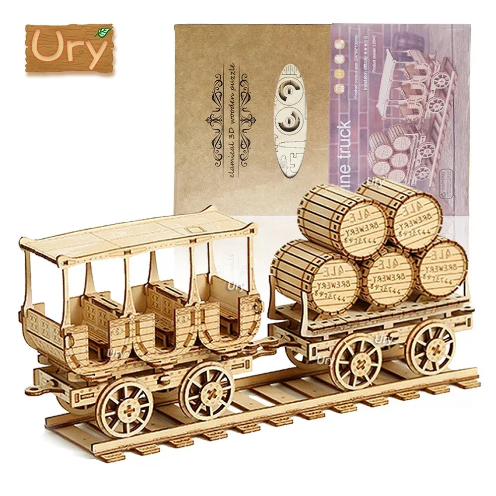 Ury 3D Wooden Puzzle Movable Retro Steam Train Double-decker Bus Handmade Assembly Truck Model DIY Toys Decoration Gift for Kids
