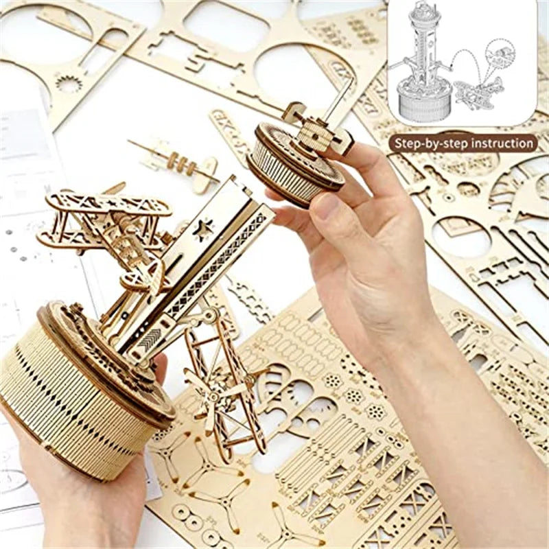 Robotime Roker 3D Wooden Puzzles for Adults DIY Musical Box Model Kit to Build Self-Assembly Building Kit Airplane-Control Tower