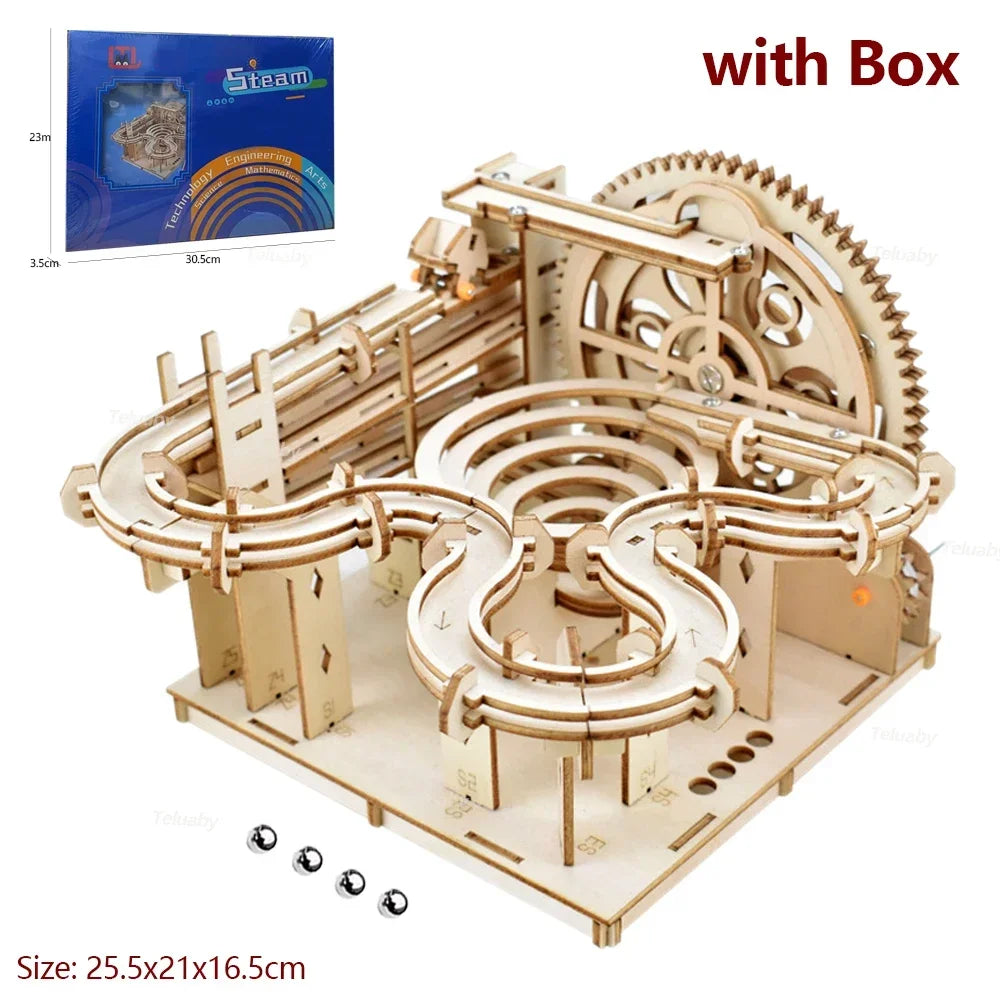 3D Wooden Puzzle DIY Building Kits Mechanical Model Marble Run Set with 4 Balls Creative STEM Toys for Adults Kids Birthday Gift
