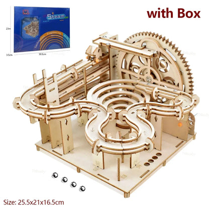 3D Wooden Puzzle DIY Building Kits Mechanical Model Marble Run Set with 4 Balls Creative STEM Toys for Adults Kids Birthday Gift