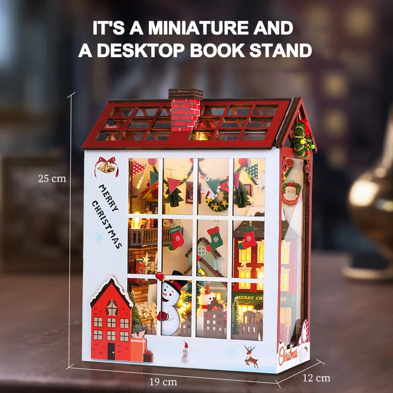 Creative 3D Christmas Book Stand Assembled Building Kits Model with Lights Wooden Puzzles Desktop Decoration Toys Gifts for Kids