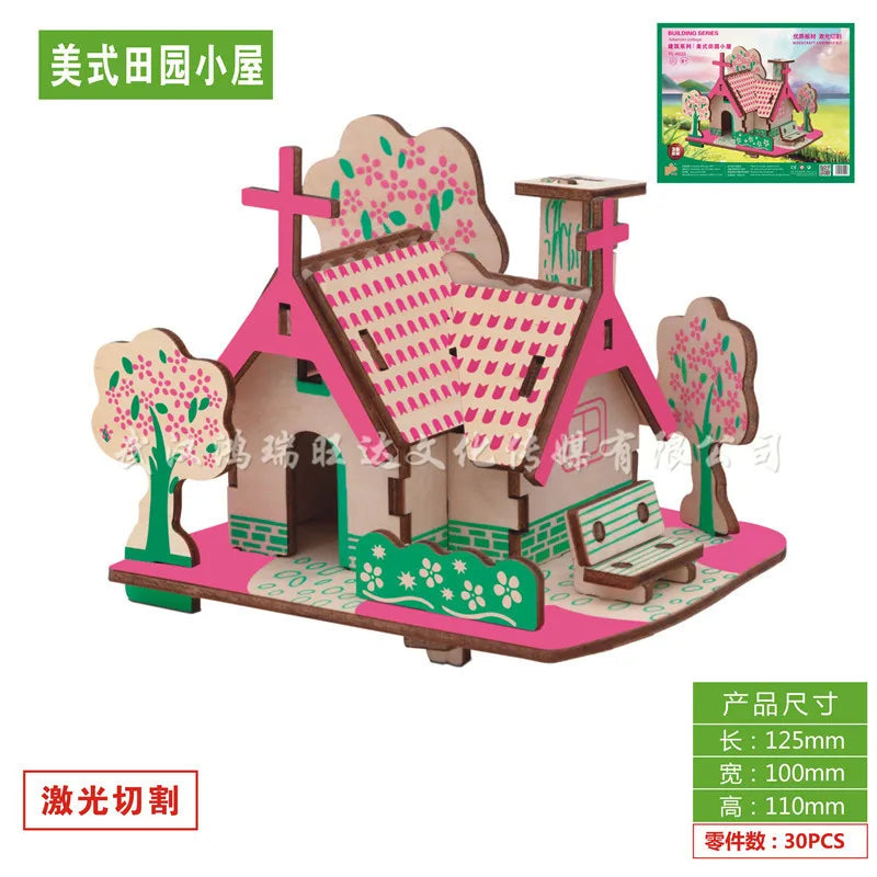 Wooden Building 3D Small House Beauty House Jigsaw Puzzle Laser Version Children's Early Education Educational Toys Kids Toys