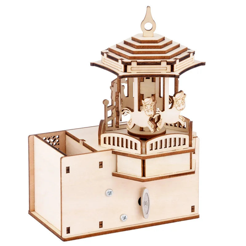 Kids Wooden Music Box Puzzle Carousel WindUp Design 3D Pen Holder ParentChild Craft Birthday Gift