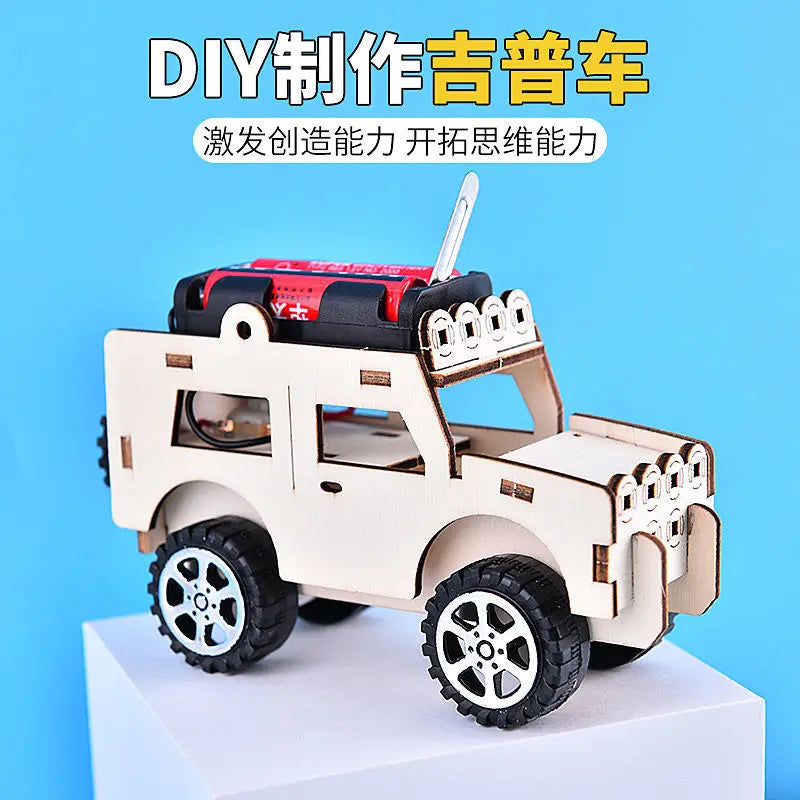 DIY Science Handmade Small Children's Educational Toys Jeep Assembled Wood Material  physics toy