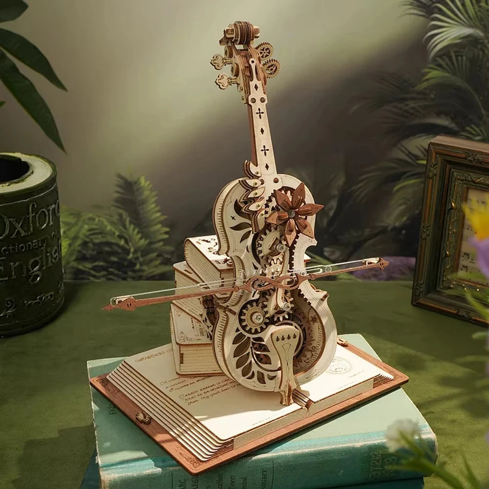 3D Wooden Cello Music Box DIY Movable Stem Creative Girls Educational Toy Gift AMK63