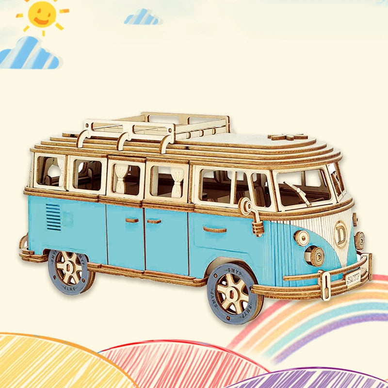 3D Wooden Car Puzzle Retro Bus European Style Campervan DIY Assembly Model Kit Educational Toy for Children Kids Home Decoration