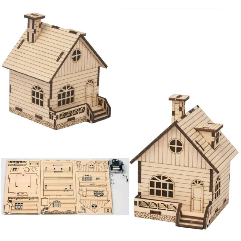 DIY Handmade Toys 3D Wooden Puzzle Game Small House Music Box Assembly Popular Gift For Children Adult Christmas Birthday