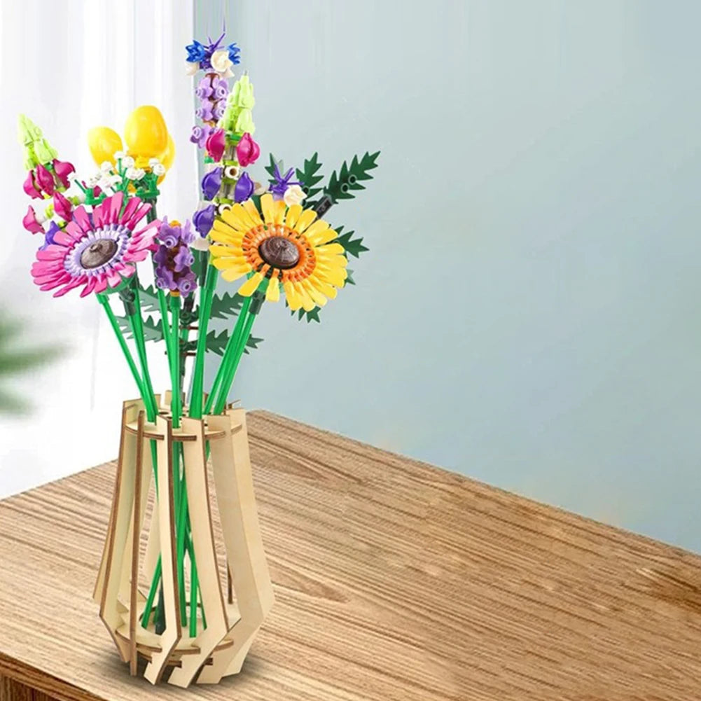 Bouquet Vase 3D Wooden Building Blocks Model Wood Stereo Stitch Puzzle Models Kit Gifts for Women Men