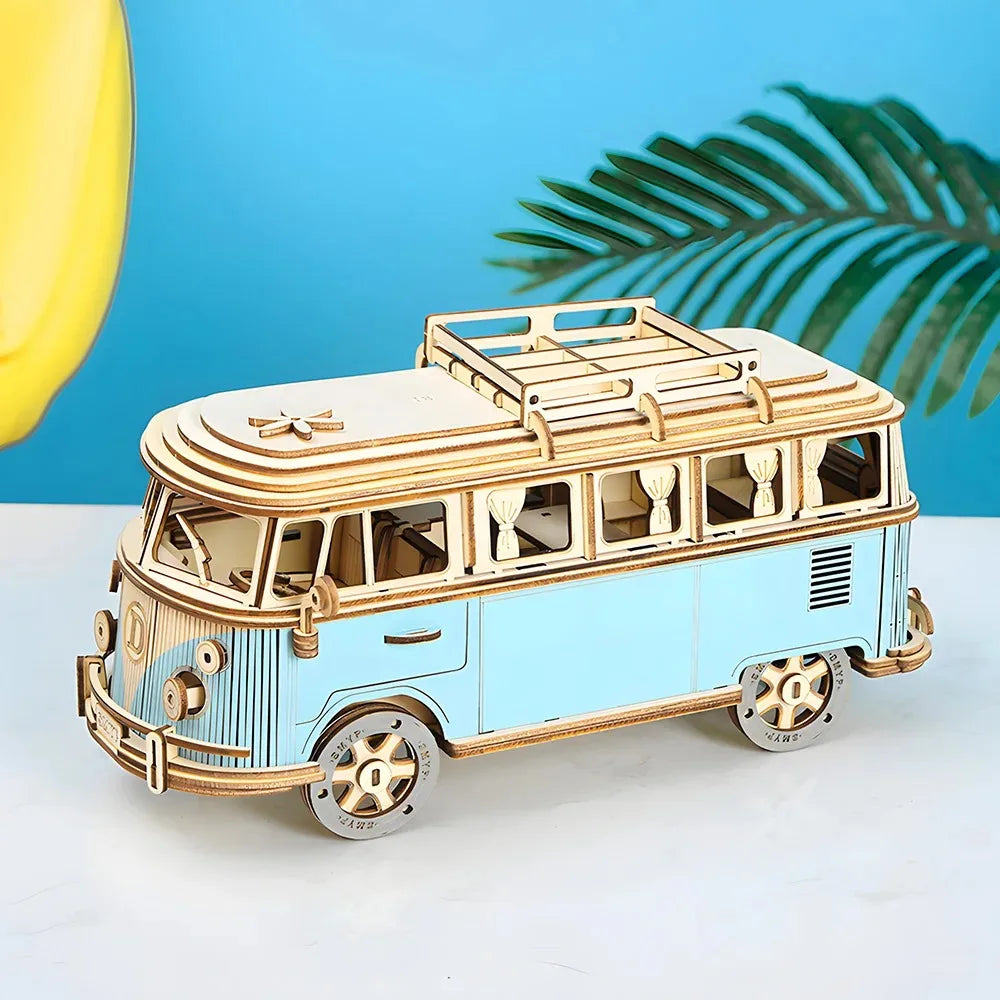 3D Wooden Car Retro Bus Europeanstyle Campervan DIY Manual Assembly Puzzle Camper Van Educational Toy for Children Christma Gift