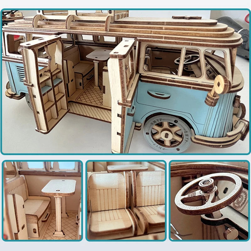 3D Wooden Car Puzzle Retro Bus European Style Campervan DIY Assembly Model Kit Educational Toy for Children Kids Home Decoration