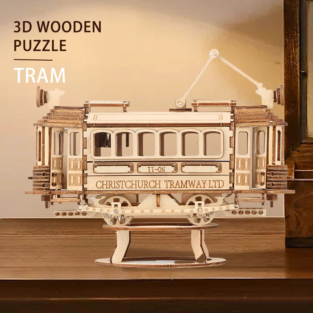 3D Retro Tram Model Wooden Jigsaw Puzzle DIY Wooden Jigsaw Puzzle Adult Toy Children's Educational Game Wooden Jigsaw Puzzle