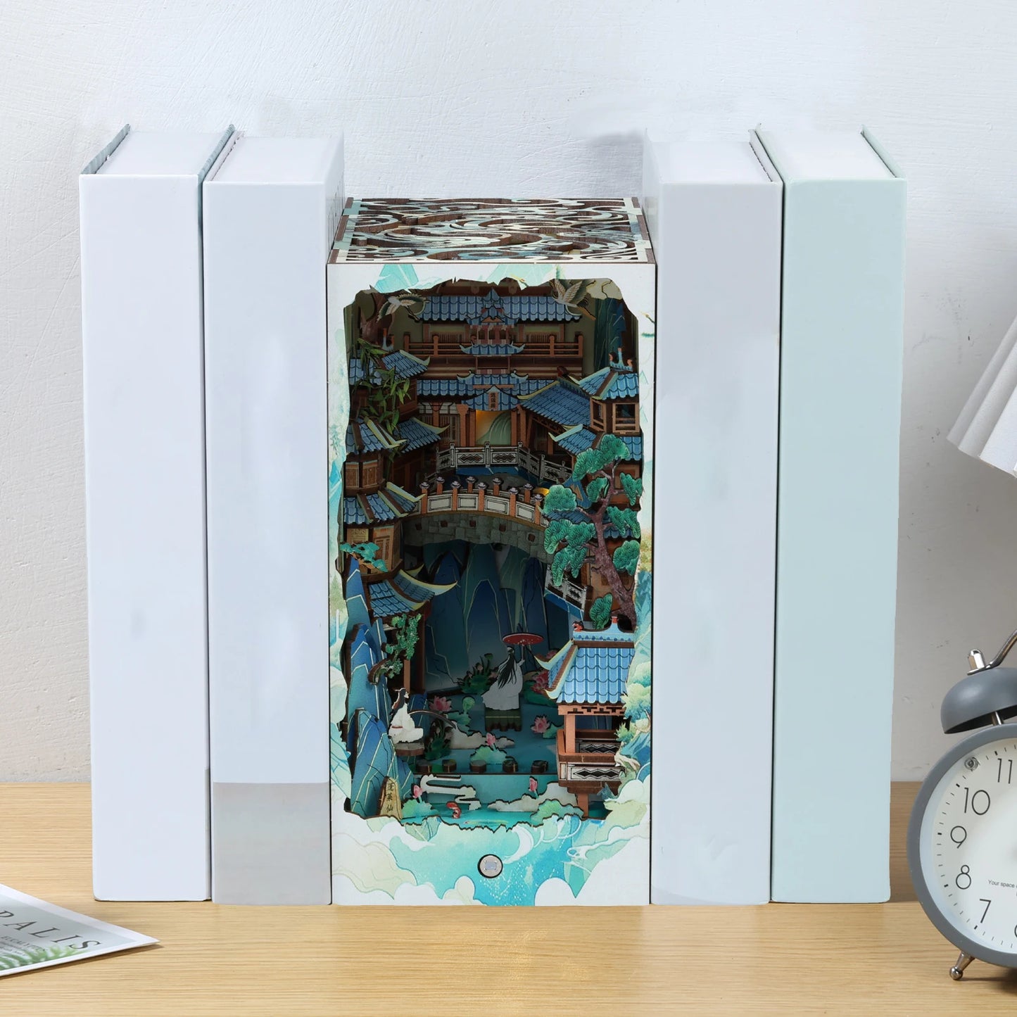 DIY Book Nook Kit 3D Wooden Doll House Puzzle Assembly Model Building Bookend Home Bookshelf Insert Decor with Sensor Light