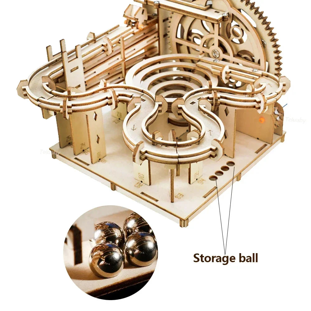 3D Wooden Puzzle DIY Building Kits Mechanical Model Marble Run Set with 4 Balls Creative STEM Toys for Adults Kids Birthday Gift