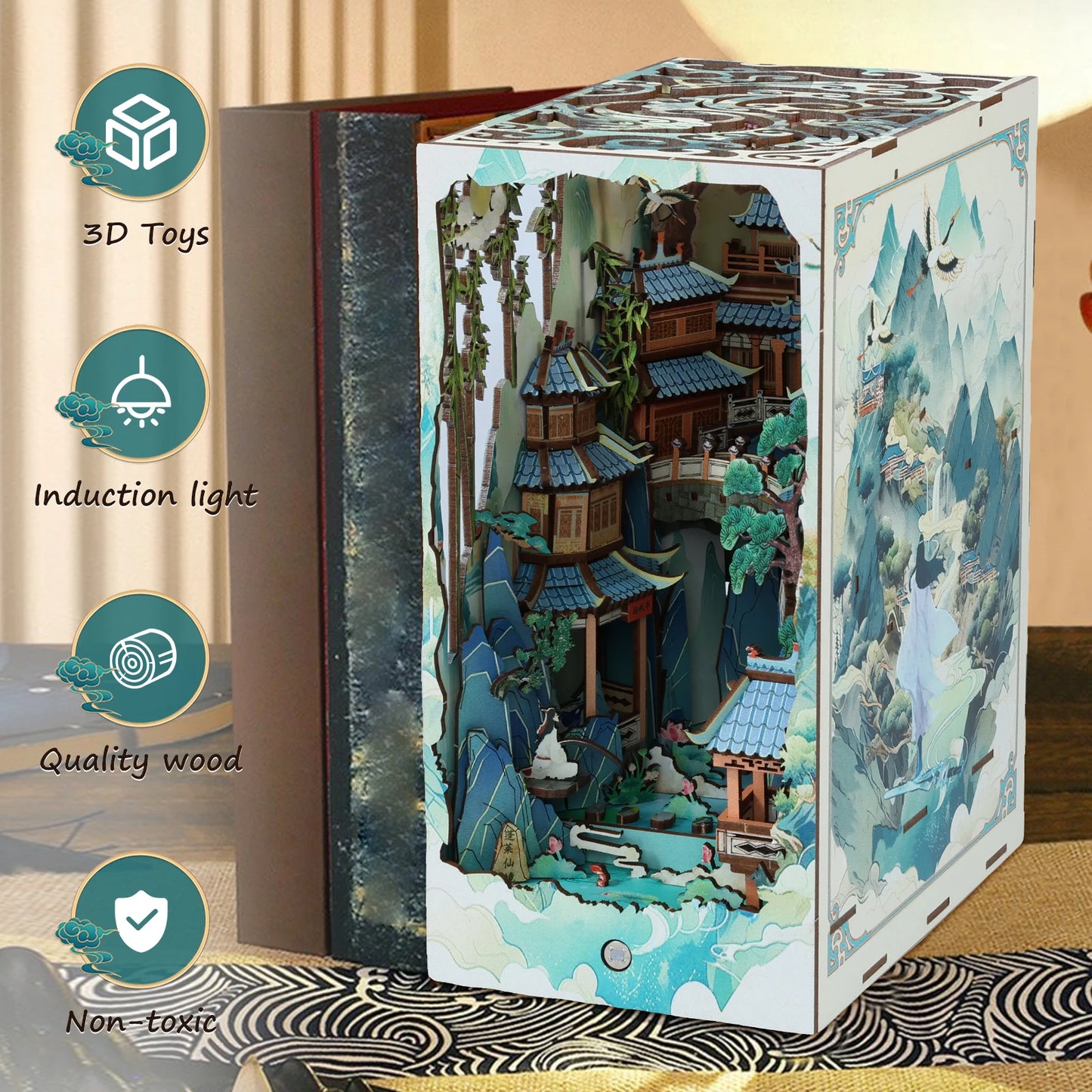 DIY Book Nook Kit 3D Wooden Doll House Puzzle Assembly Model Building Bookend Home Bookshelf Insert Decor with Sensor Light