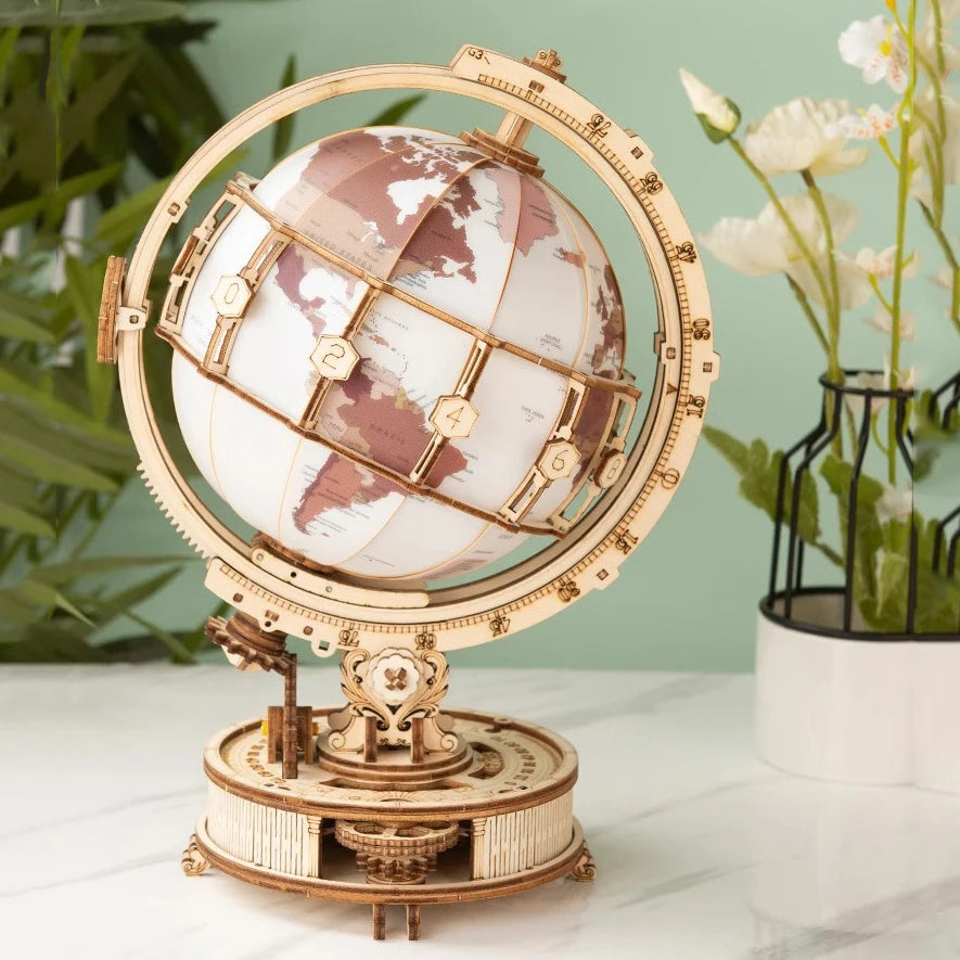3D Rotating Wooden Puzzle Wooden Globe Craft Ornament With Lights Constructor Model Building Block Kits Toy Gift for Children